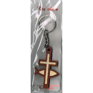 Keyring - Wooden Cross and Fish